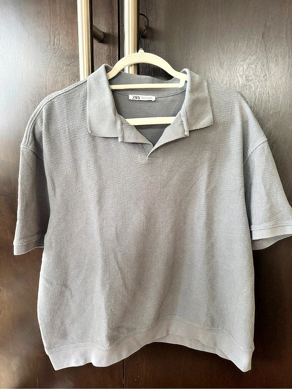 Zara Textured Knit Polo Shirt Gray Large
